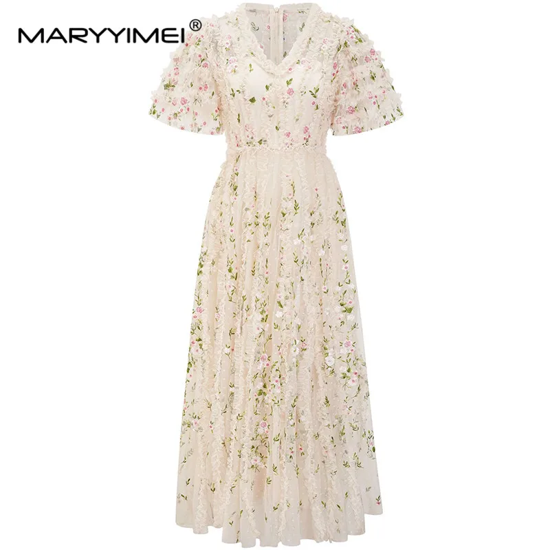 Женское весеннее платье MARYYIMEI с V-образным вырезом расклешенными рукавами