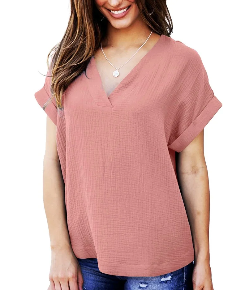 

2022 Cotton Linen Blouse Summer Solid Short Sleeve V Neck Loose Women Shirts Blouses Oversized Casual Tops Ladies Clothes