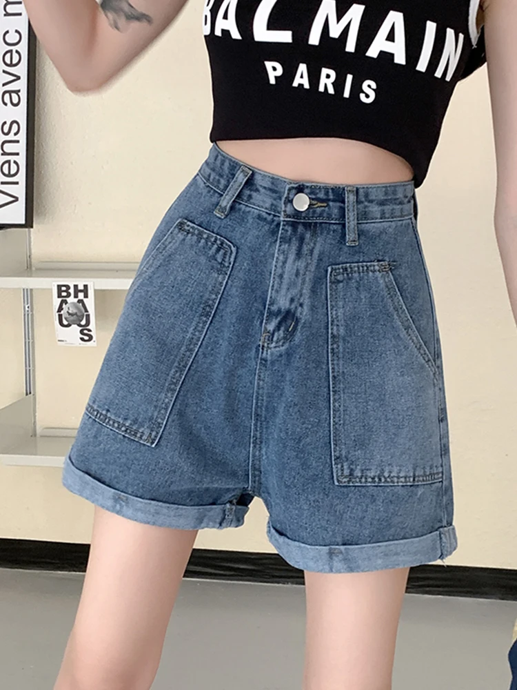 New Spring Summer Women High Waist Big Pocket Streetwear Female Wide Leg Button Retro Jeans Shorts Ladies Bottoms
