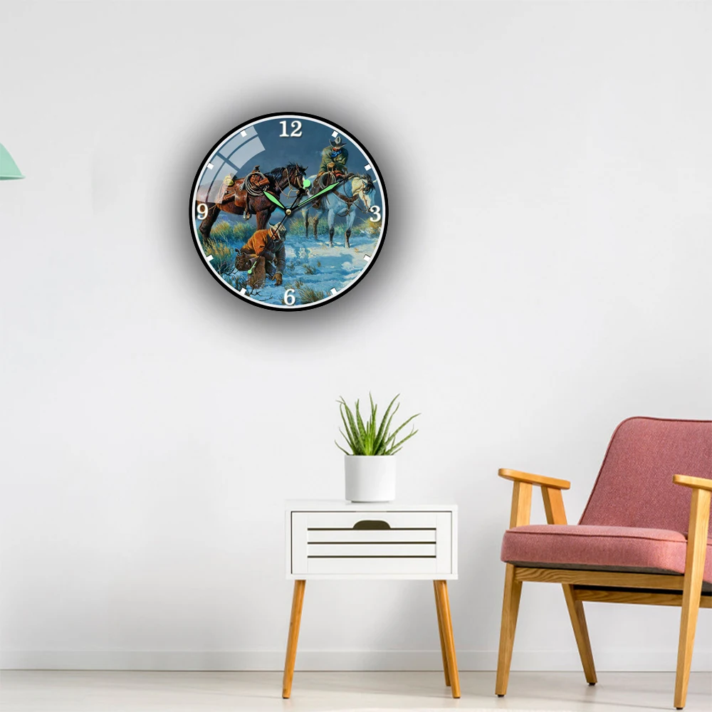 

Riding in The Snow Oli Painting Acrylic Wall Clock Creative Wall Clock Living Room Home Decoration Fashion Nice Color Hanging Wa