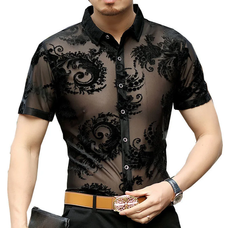 

See Flower Through Shirt Paisley Pattern 2022 Short Sleeve Summer Sexy Prom Transparent Shirt Camisa Masculina Chemise Homme