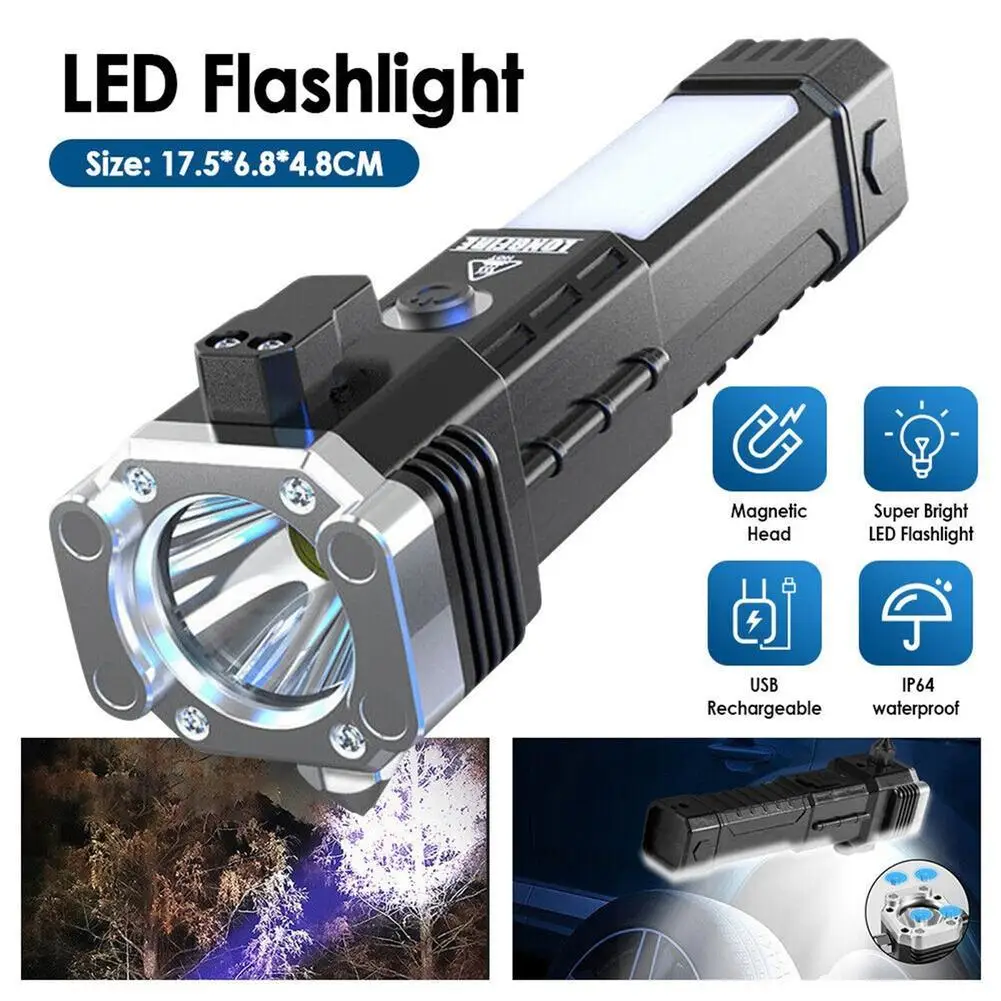 

3 In1 Solar Led Mini Flashlight Multifunctional Usb Charging Safety Hammer Torch Work Lights Survival Tools