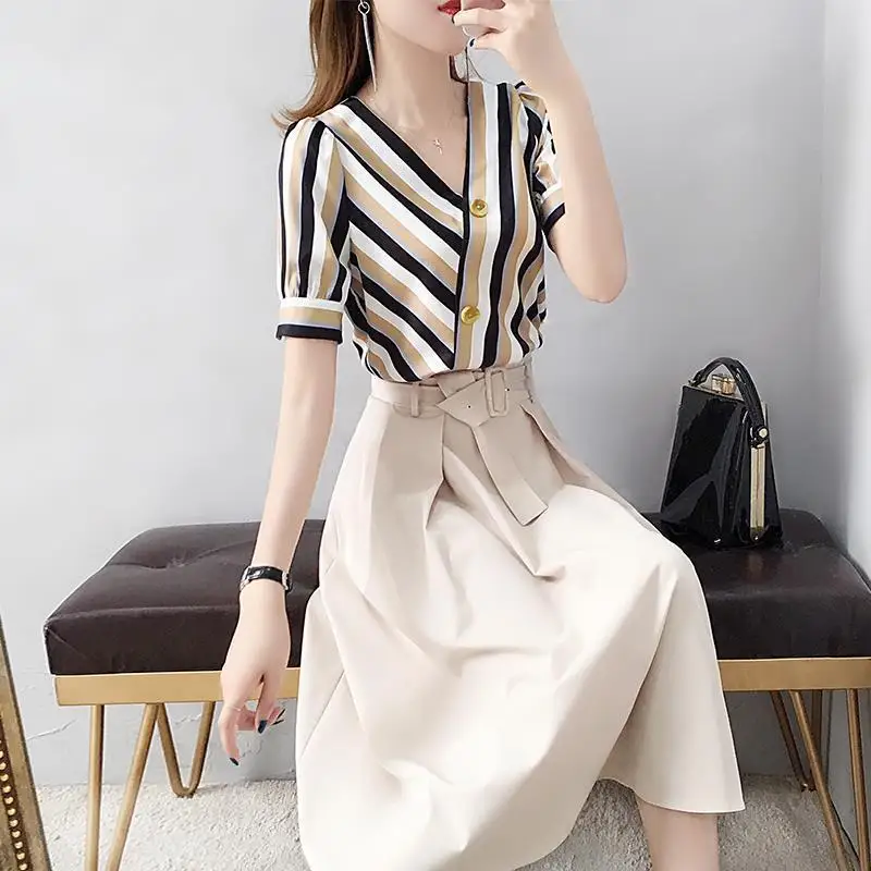 

2023 New Women Summer Korean Fashion Suits Vintage Short Sleeve Striped Shirt +Hight Waist Long A Line Skirts 2 Pieces Sets A46