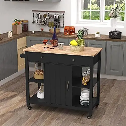 

Islands on Wheels with Wood Top, Utility Wood Movable Kitchen Cart with STORAGE and Drawers, Black