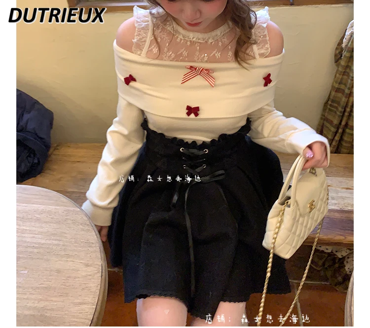 Весенне-осенний новый милый вязаный топ с длинными рукавами и бантом на плечах