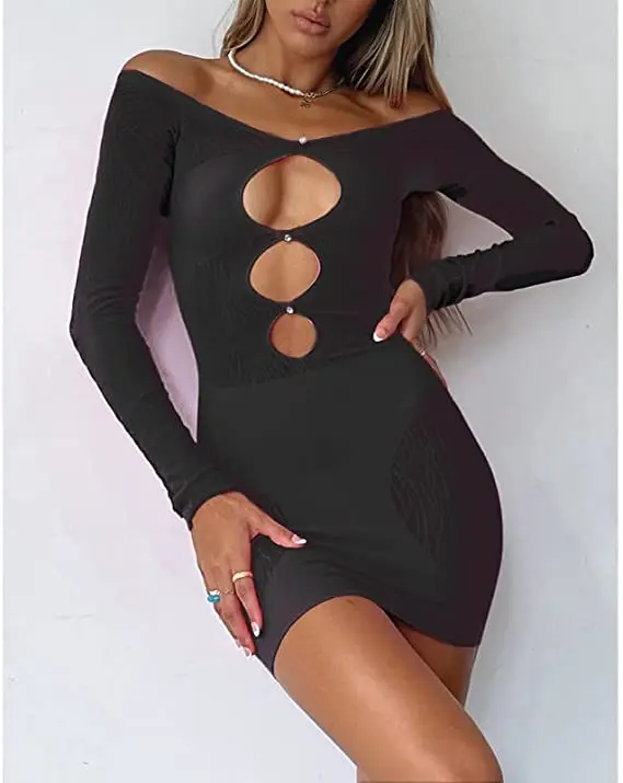 

Women Sexy Spaghetti Strap Mini Dress with Gloves Off Shoulder Sleeveless Cut Out Bodycon Dress Night Party Club Outfits