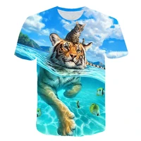 pull wind t shirt mens 2022 summer new 3d animal cattiger wolf print cool funny top t shirt mens o neck short sleeved fashion