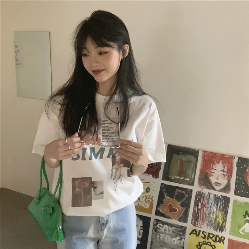 

3 Sizes M-xl Causal White Loose All Match Short Sleeve Vintage Letter Character Printed Women Basic Fashion Woman Top T-shirts