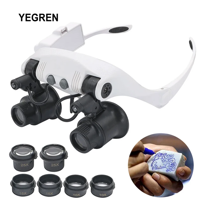 10X 15X 20X 25X Eyeglasses Magnifying Glass LED Illuminated Binocular Loupes Hands Free Magnifier for Engraving PCB Inspection