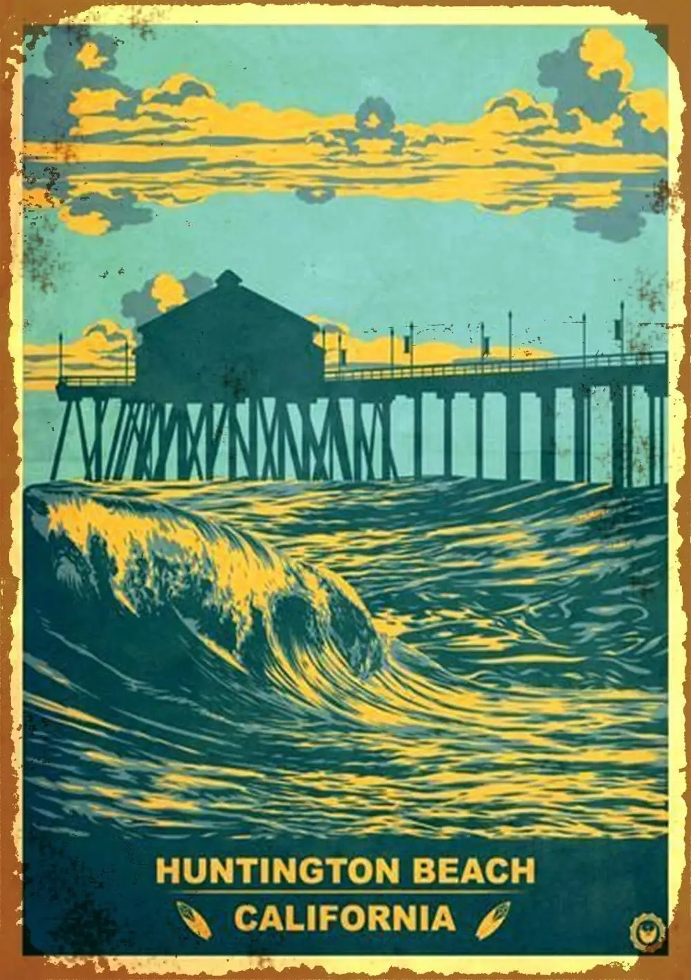 Vntge Tn Sgn Clforn Huntngton Bech Metl Wll Pnel Retro rt Decorton для домашнего клуба Cbn Grge Store Br Cfe Frm 12 дюймов X 8