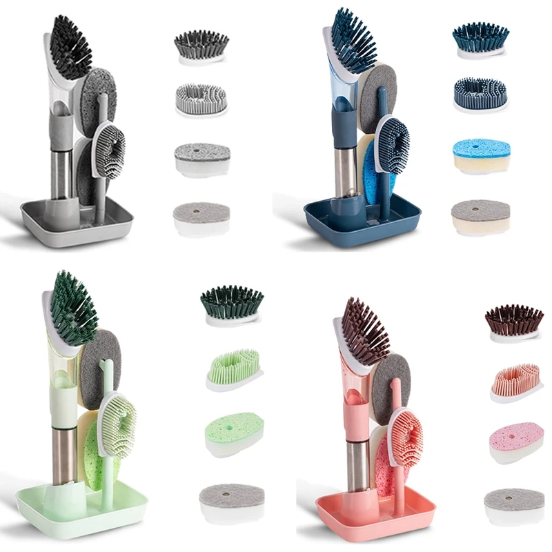

Dish Cleaning Brush-Soap Dispensing Dish Brush Set & 4 Replacement Heads Storage Holder For Dish Pot Pan Sink