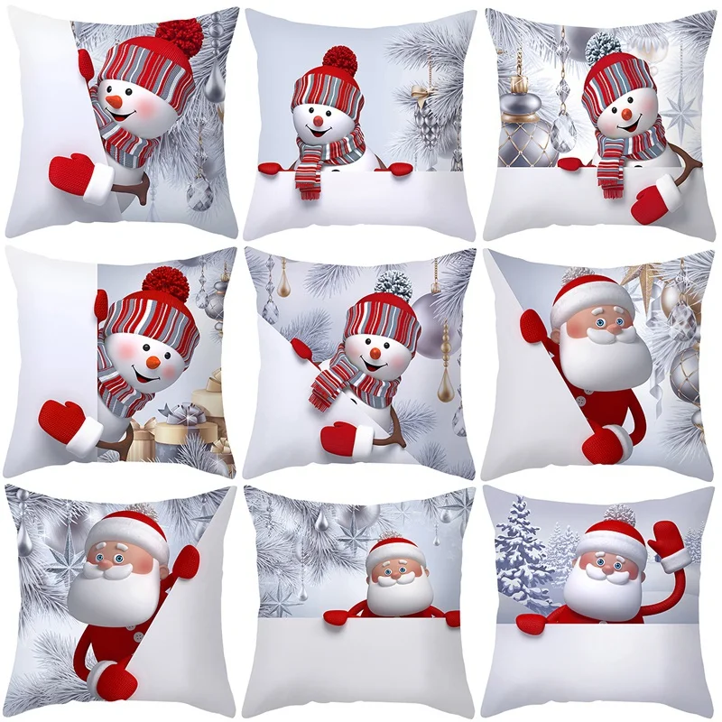 

Christmas Snowman Throw Pillow Covers Santa Claus Cushion Cover Case Decorations for Sofa Indoor Xmas Home Decor