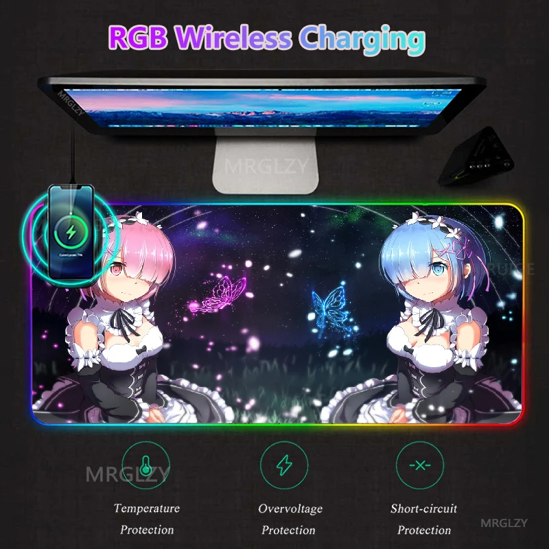 

Re:zero RGB LED Mouse Pad with Wireless Charge Anime Gaming Accessories Desk Mats Carpets Typec Mat XXL Cute Sexy Rem Mouse Pad