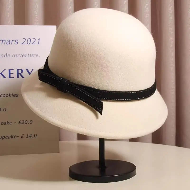 Осенне-зимняя японская модная шерстяная шляпа с контрастным цветным бантом