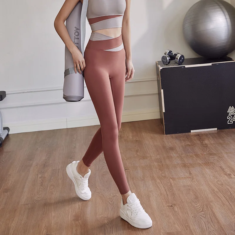 

GymHUB Cross Waist Yoga Pants Women's Elastic Bodybuilding Wear Stitched Running High Nude Sports