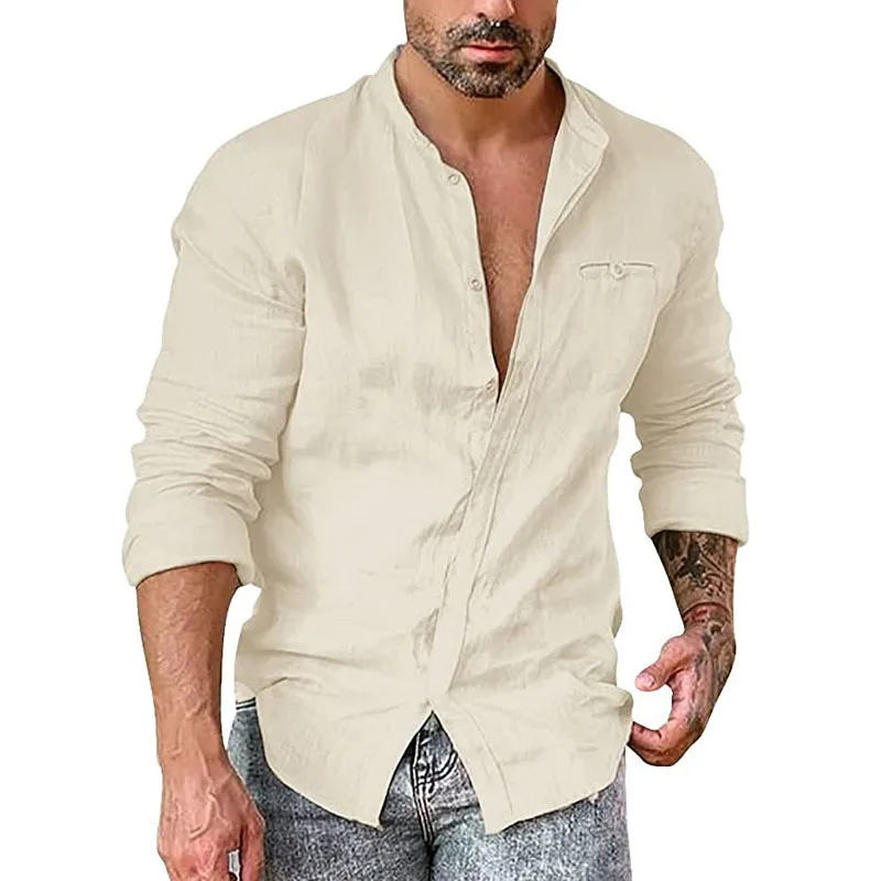 

Мужская льняная рубашка с воротником на пуговицах, длинным рукавом и карманом