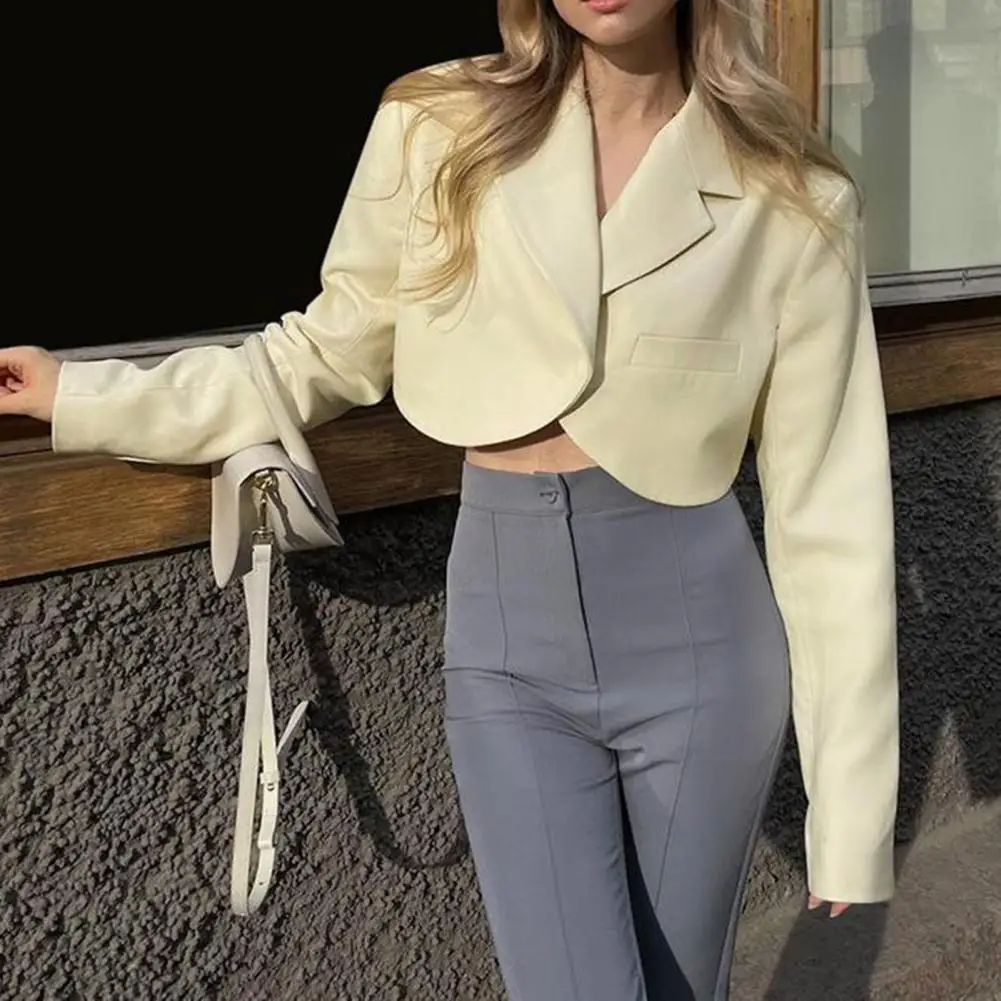 

Blazers Women Cropped Notched Collar Lapel Long Sleeves Women Blazer Single Button Lapel Navel Exposed Suit Jacket Outerwear Top
