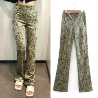 2021 new women flower print pencil pants retro femme casual chic slim velvet side zipper fly trousers vintage lady pants indie