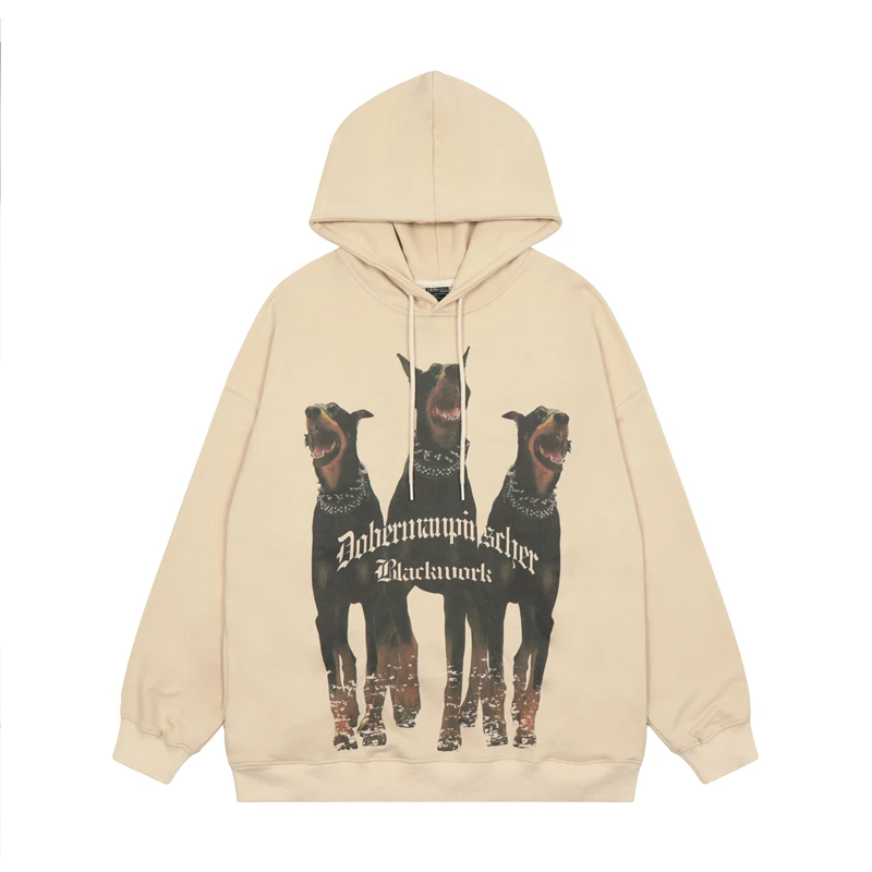 

Dog and Letter Painted Pullover Terry Hooded Hoodies Men's and Women's High Street Retro Casual Oversized Baggy Sweatshirts