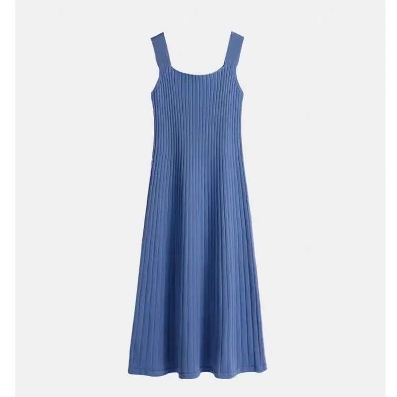 

New Fashion 2022 Slim Summer Striped Print Knitted Cotton Sheath Midi Dress Women Spaghetti Strap Casual Party Bodycon Vestidos