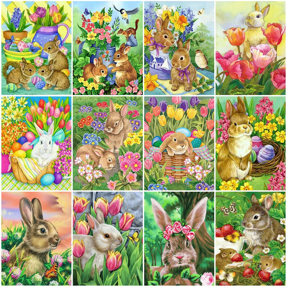 

Full Round Diamond Painting Rabbit DIY Flower Embroidery Diamond Mosaic Animals Picture Rhinestone Handmade Hobby Handmade Gift