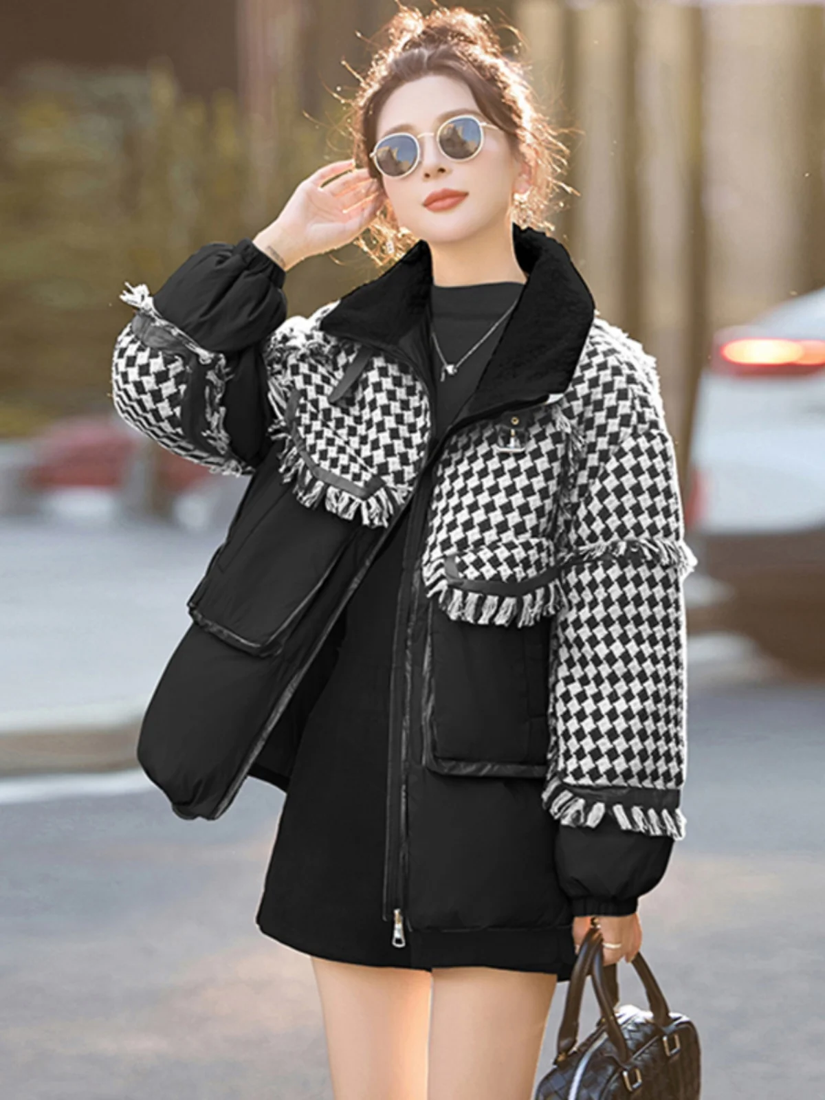 Новинка зимы 2024 пуховик Western Sle уменьшающая возраст лоскутная верхняя одежда с