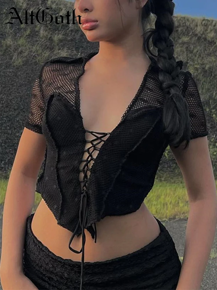 

AltGoth Y2k Pastel Goth Mesh T-shirt Women Sexy Punk See Through Hollow Out Lace Up Short Sleeve Tee Tops Female 2022 Summer Emo
