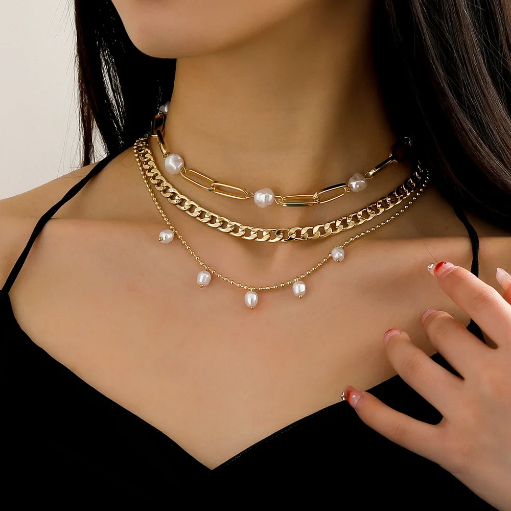 

Pearl Chain Cuban Stack Necklace Set Gold Choker Accessories For Women y2k Style Punk Hip Hop Jewelry Summer Aesthetic 2023