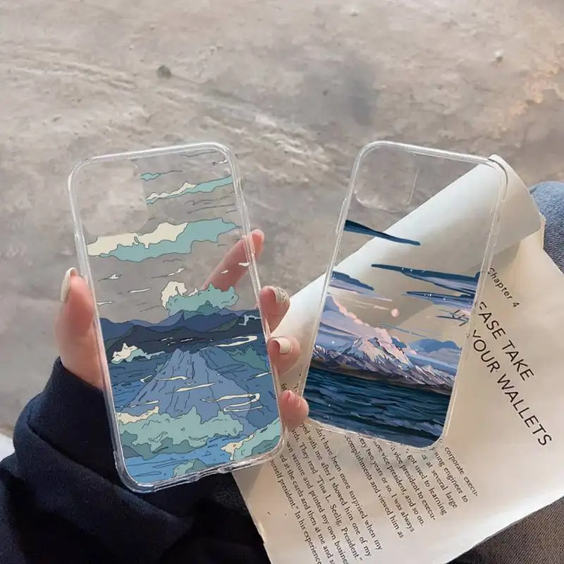 

sunset scenery Landscape mountain Illustration Phone Case Transparent soft For iphone 11 13 12 14 x xs xr pro max mini