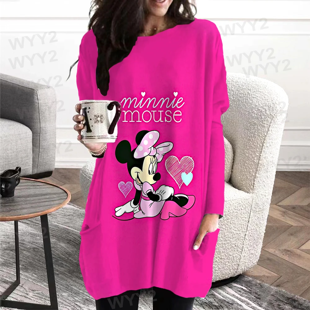 Disney Mickey Mouse Animation Print T-shirt Women's Fall Fashion T-shirt Women's Long-sleeved With Pockets Tops Blusas Mujer
