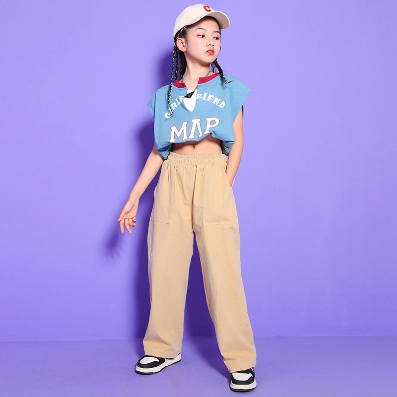 

Girls Hip Hop Show Dancing Clothing Polo Tshirt Tank Tops Streetwear Khaki Pants Kids Jazz Dance Costume Stage Wear Clothes