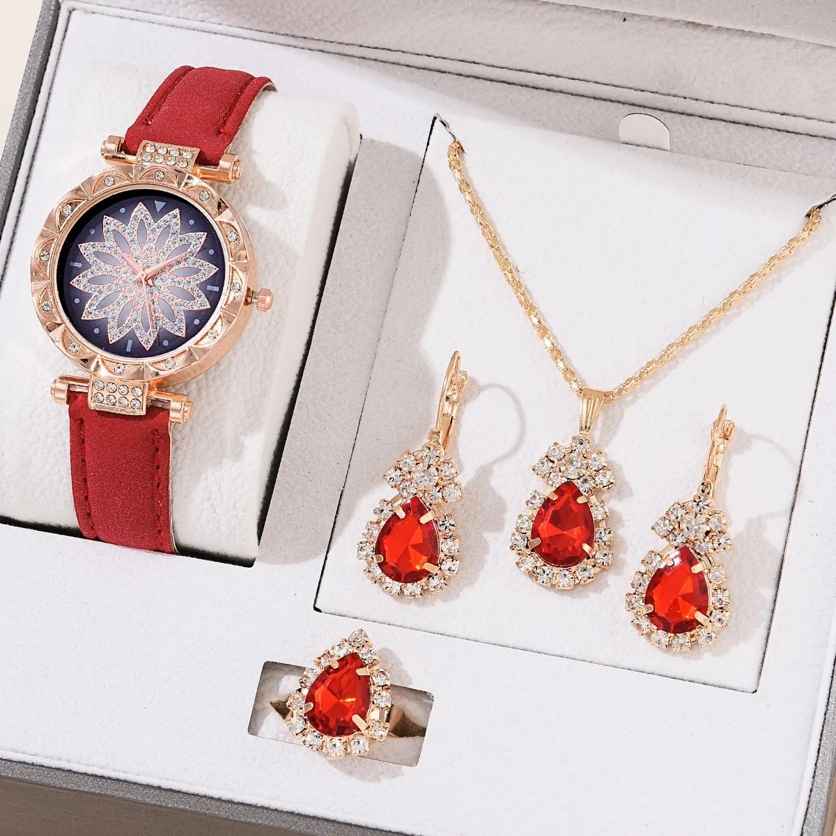 New 5pcs Set Watches Women Leather Band Ladies Watch Simple Casual Women Analog WristWatch Bracelet Gift Set Montre Femme