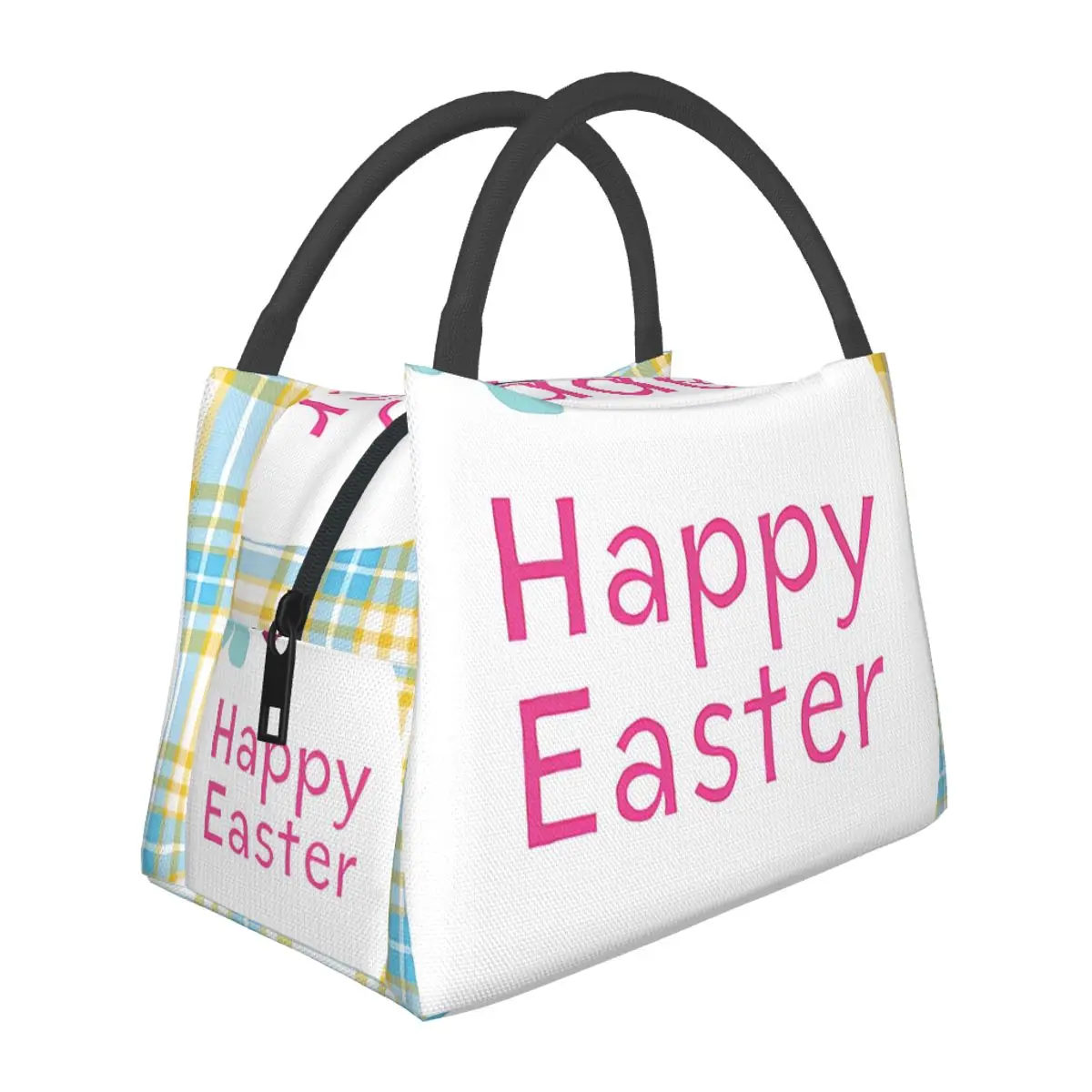 

Happy Easter Egg Lunch Bag Men Plaid Art Travel Lunch Box Print Thermal Tote Handbags Waterproof Portable Insulated Cooler Bag