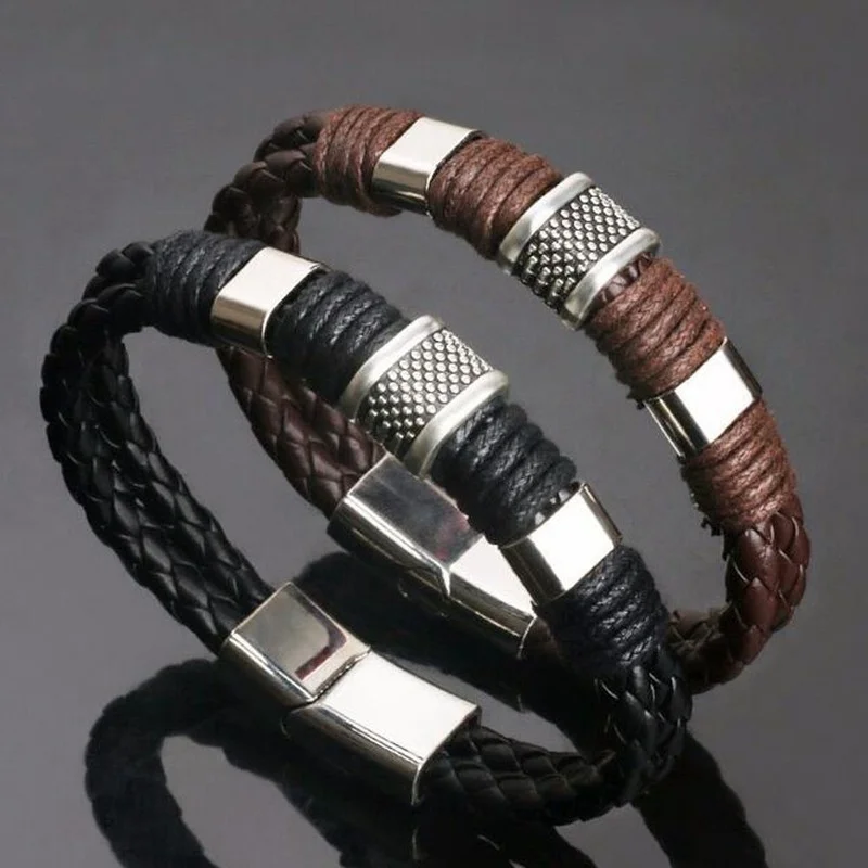 

Gentleman Leather Titanium Steel Braided Clasp Bangle Bracelet For Men And Women Retro Bangles Bracelets Jewelry