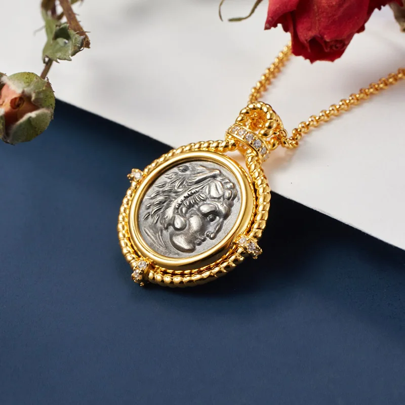 Byzantine Solid 925 Silver Greek Antique Coin Replica Pendant 18K Gold Tone Roman Sculptures Rope Frame Necklaces C11N3S26056