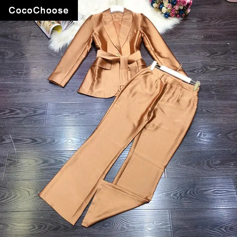 

Luxury Outfits Blazer Pants Suit 2022 Fashion Women Elegant Sashes Jacket and Long Trousers High Quality Office Two Piece Set