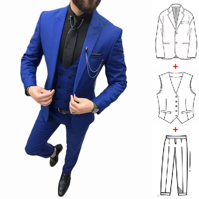 Three Piece Royal Blue Men Suits 2023 Peaked Lapel Custom Made Wedding Tuxedos Slim Fit Male Suits (Jacket + Pants + Vest+Tie)