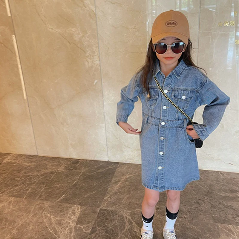 

Демисезонное джинсовое платье для девочек, детское платье, Детская длинная куртка, детская одежда, винтажное платье из потертого хлопка с к...