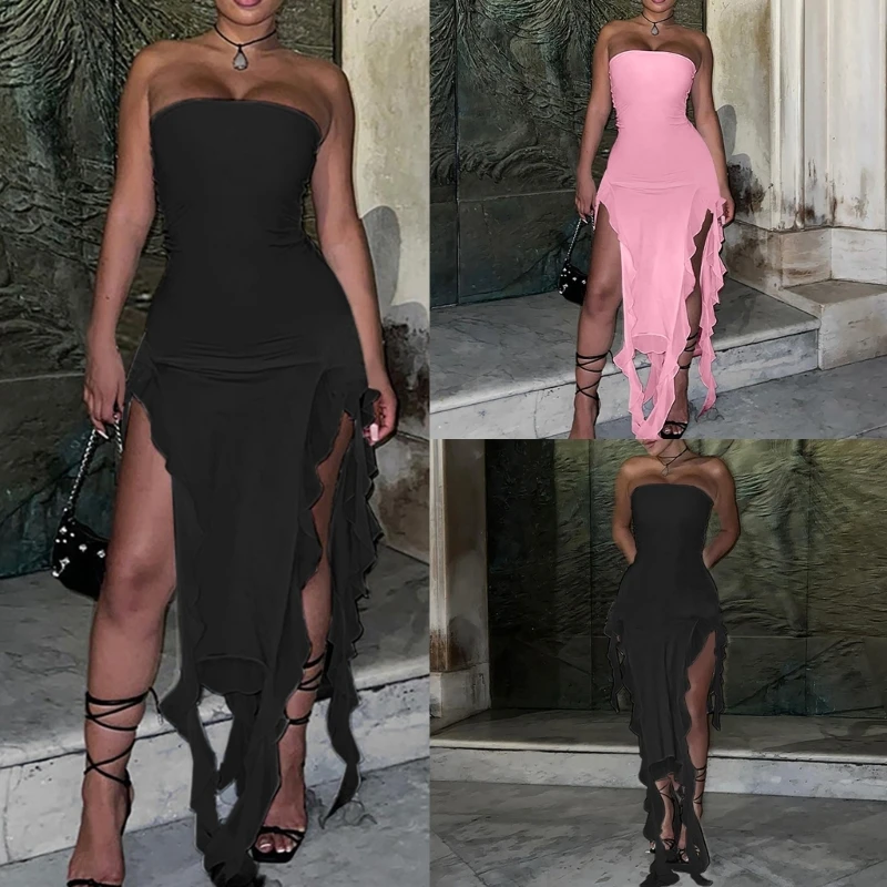 

Летнее асимметричное облегающее длинное платье с оборками на подоле без бретелек для женщин сетчатые Клубные платья с открытыми плечами и бахромой с Боковым Разрезом