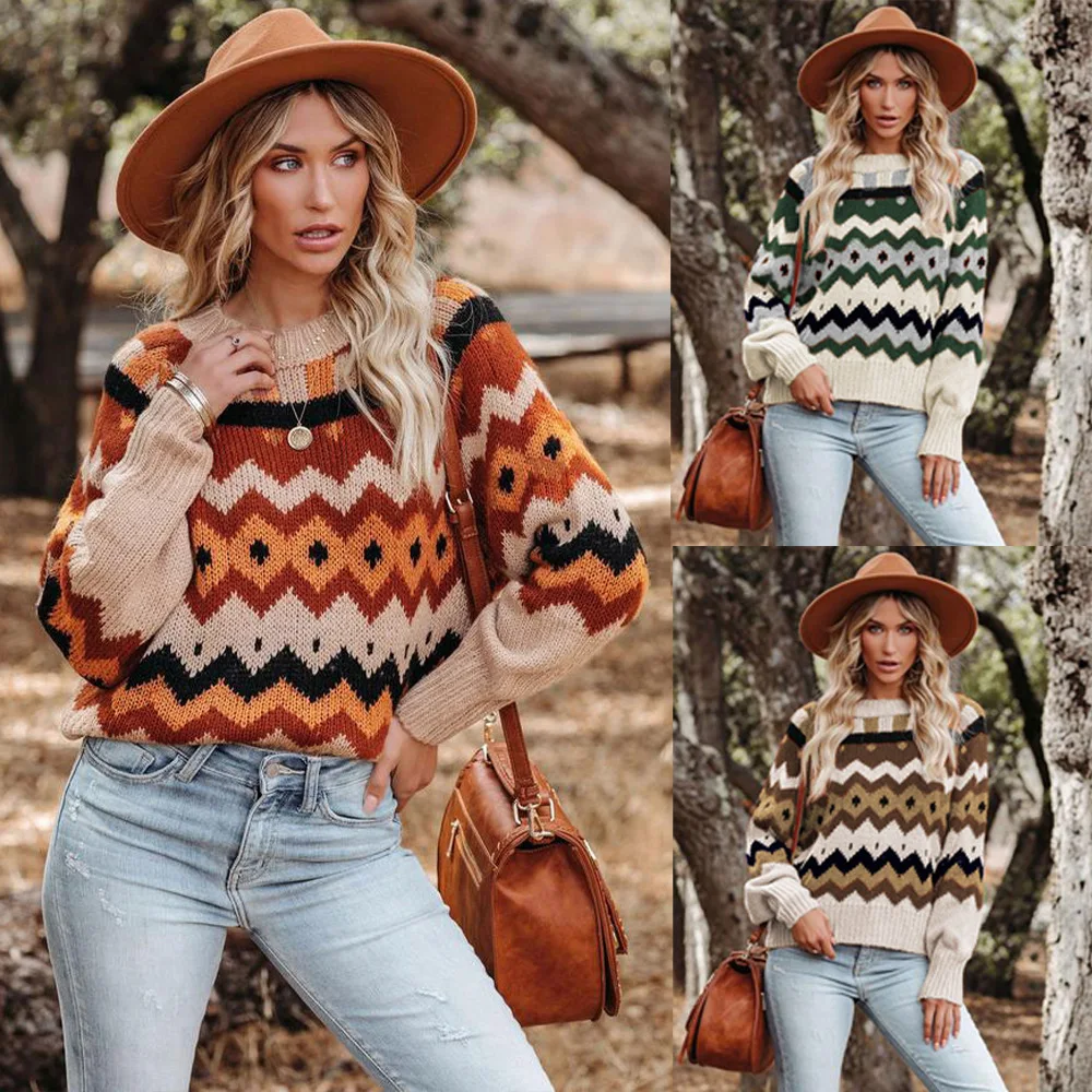 

Woman Short Sweater Retro Chic Splicing Color Winter Young Girls Warm Clothing Knitted Flower Pattern Pullover For Women
