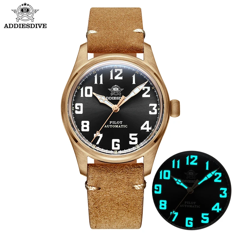 

ADDIESDIVE Men's Watches NH38 Movement Automatic CuSn8 Bronze Pilot Watch Vintage 39mm Bubble Sapphire Glass 200M Waterproof New