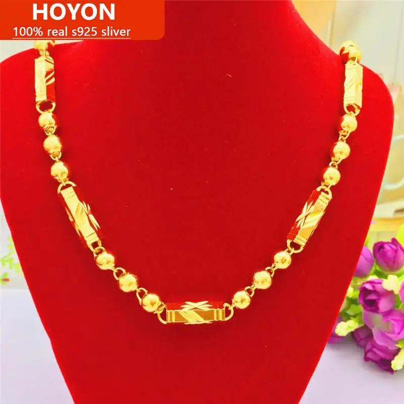 

HOYON Real 24k gold color Men's Necklace pulseira Carved Hexagonal Link Chain for women Jewelry 6-8mm Bead Neck Collares 50/60CM