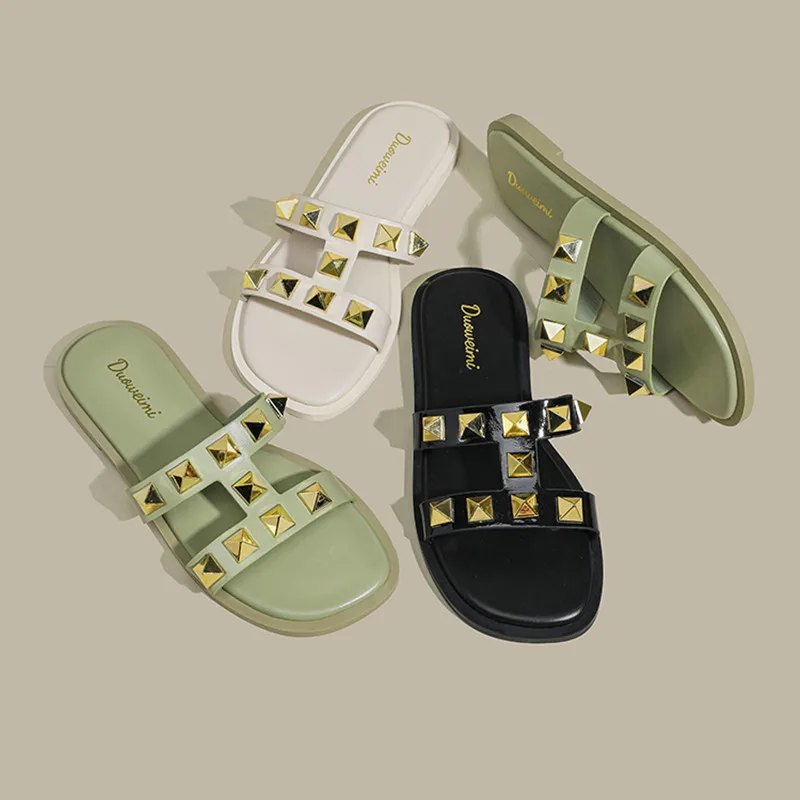 

Lady Designer Plus Size Shoes EU43-35 Green Summer Outdoor Fashionable Slippers Flat With Slides Gold Studs Microfibler Leather