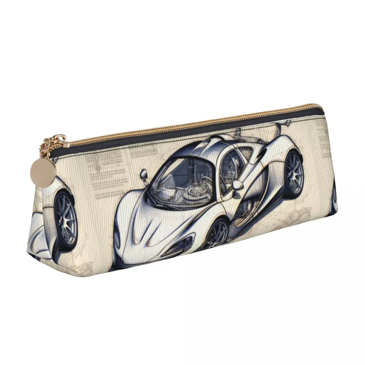 

Powerful Sports Car Leather Pencil Case Drawings Sketch Style Vintage Zipper Pencil Box Stationery For Teens Triangle Pen Bag