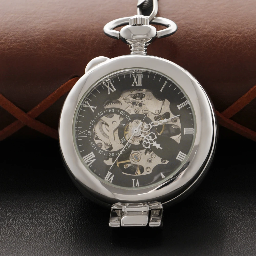Silver Vintage Single Open Hollow Frame Mechanical Pocket Watch Men's Fob Chain Steel Sculpture Women's Gift