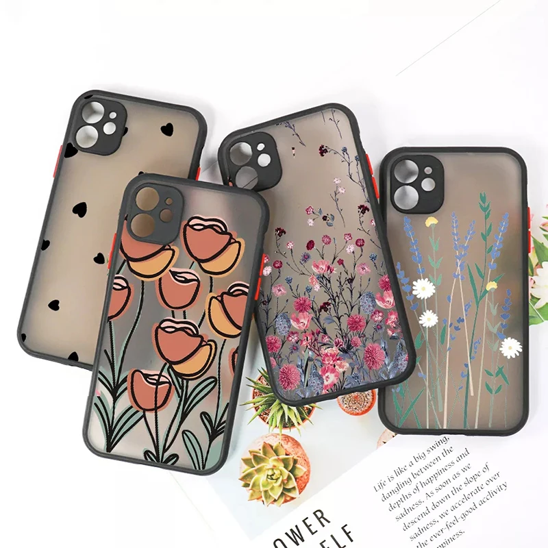 

Flower Phone Case For iPhone 13 12 11 Pro Max XR X XS 7 8 Plus SE 2020 Mini Shockproof Soft Frame Matte Hard PC Clear Back Cover
