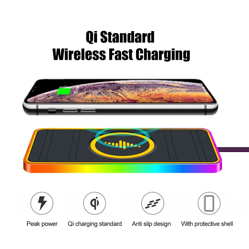 

Car Fast Wireless Charging Station Qi Fast Charging Pad Anti-skid Mat Holder with LED Atmosphere Light for iPhone Samsung
