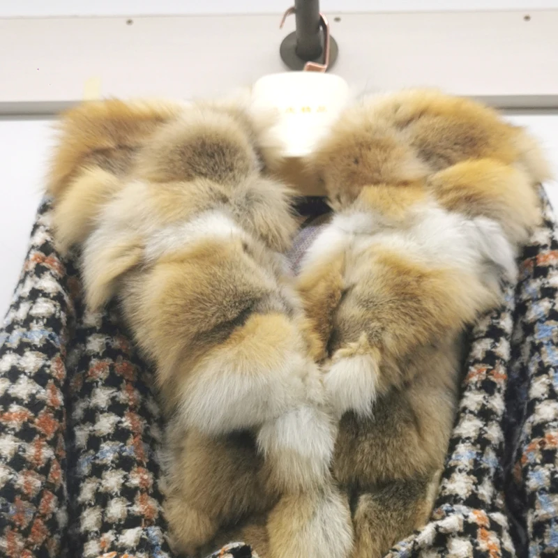 New luxurious Fox Fur Coat Winter Woman Parkas Luxury Long Plaid Women's Large Big Fur Collar Woolen Coat Adjustable Belt enlarge
