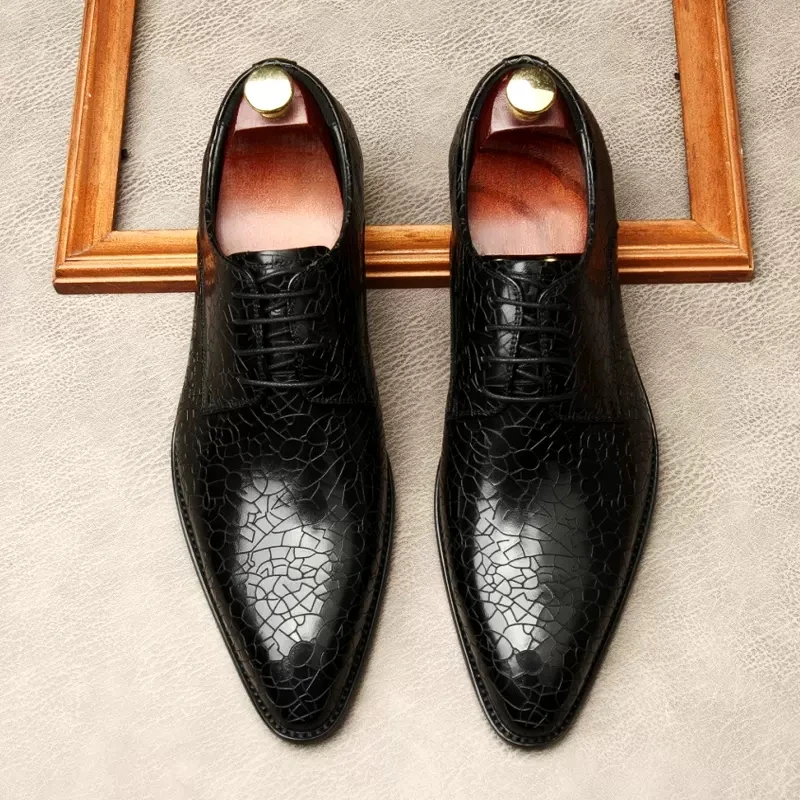 

Luxury Pointed Toe Wedding Shoes Men‘s Dress Genuine Leather Shoes Black Brown Stone Pattern oxfords Social Gents Suit Business