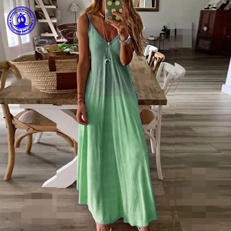 2022 Summer Strap Backless Loose Long Maxi Dresses Party Club Vintage Outfits Women Sexy Deep V Neck Casual Summer Dress Custom